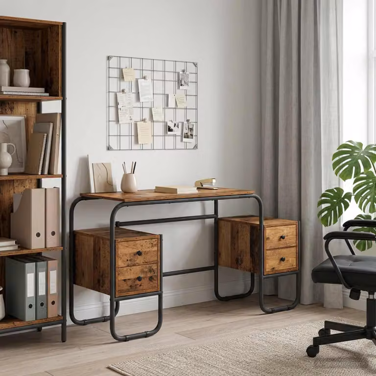 Scrivania con spazio di archiviazione vidaXL in stile industriale, colore marrone, L: 145 cm, P: 60 cm, H: 75 cm
