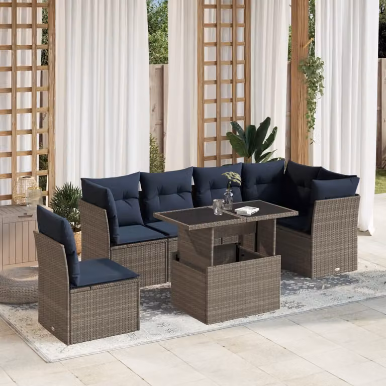 Set da giardino vidaXL in polyrattan composto da 7 pezzi con cuscini grigi e tavolo da caffè per esterno