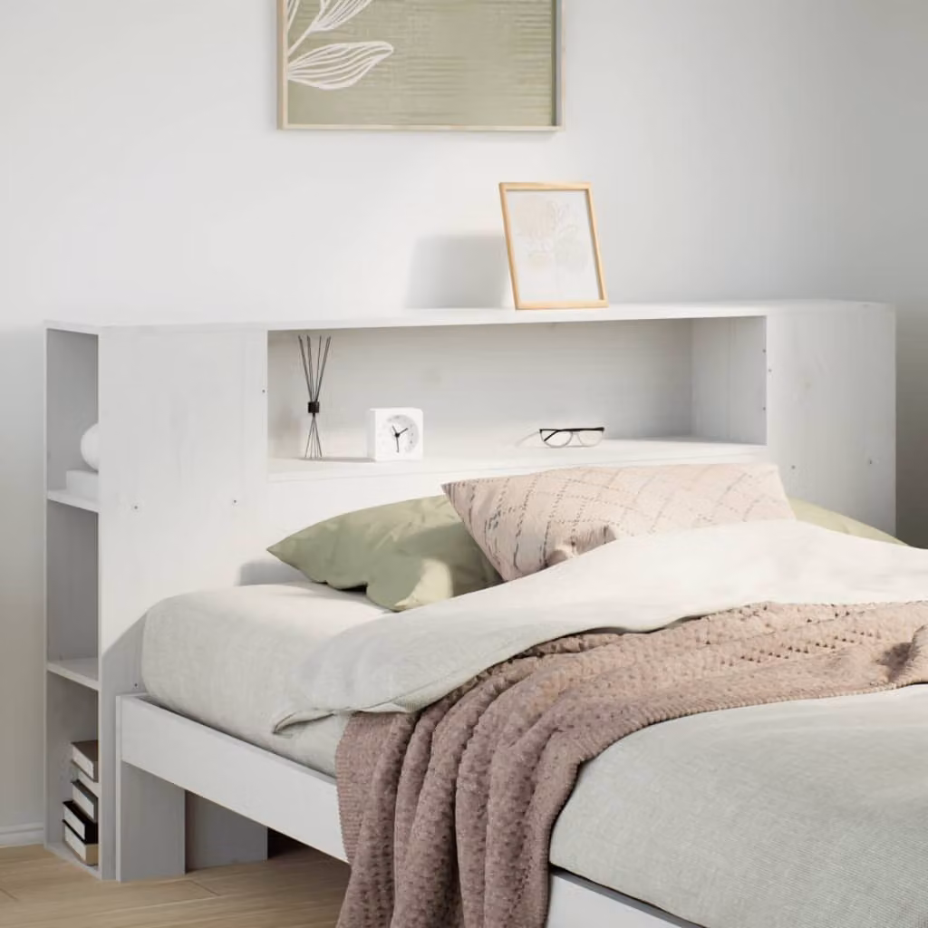 vidaXL Testiera con Ripiani Bianchi in Legno Massello di Pino per Letto 160x200 cm – 1