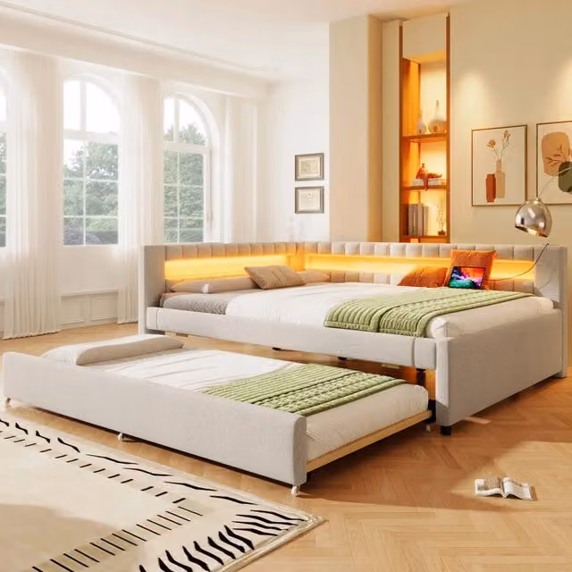 Letto a giorno/notte 140x200 LED - Xylo - USB+Type-C, colore beige