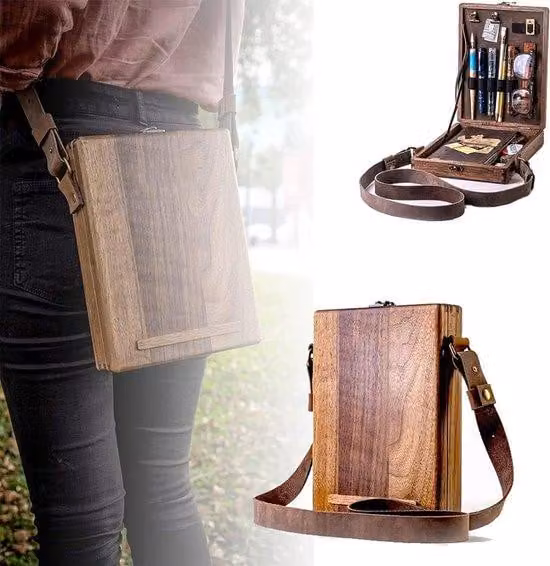 Armadietto in legno - Valigetta multifunzionale in legno - Valigetta da trasporto realizzata a mano - Borsa porta attrezzi - Valigetta in legno per pennelli e attrezzi - Postazione da lavoro per pittori, adatta alla pittura in esterni - Marrone - Effetto