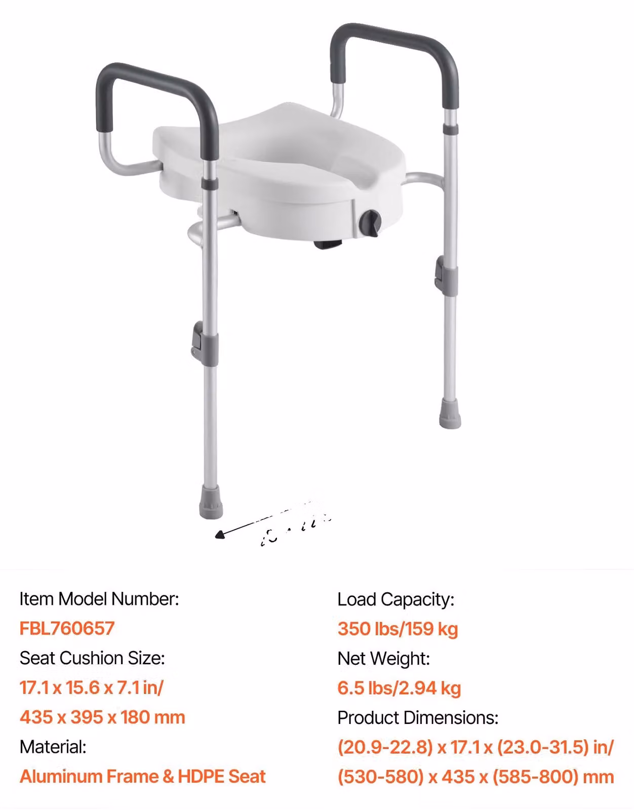 Sedile rialzato per WC, con aumento di altezza di 12,7 cm (5 pollici), braccioli regolabili, dimensioni: 43,4 x 39,6 x 18 cm