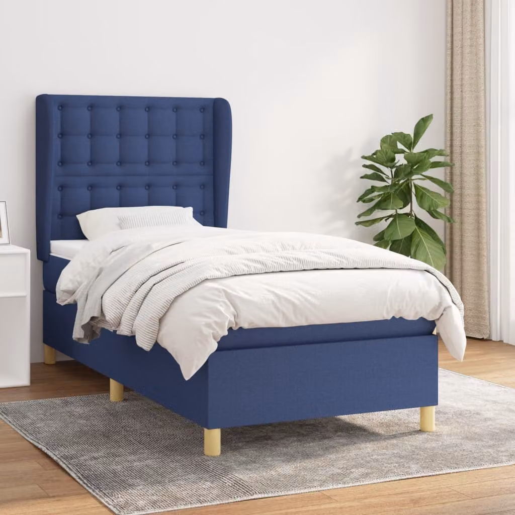 The Living Store Letto a molle con materasso blu 90x200 cm in tessuto