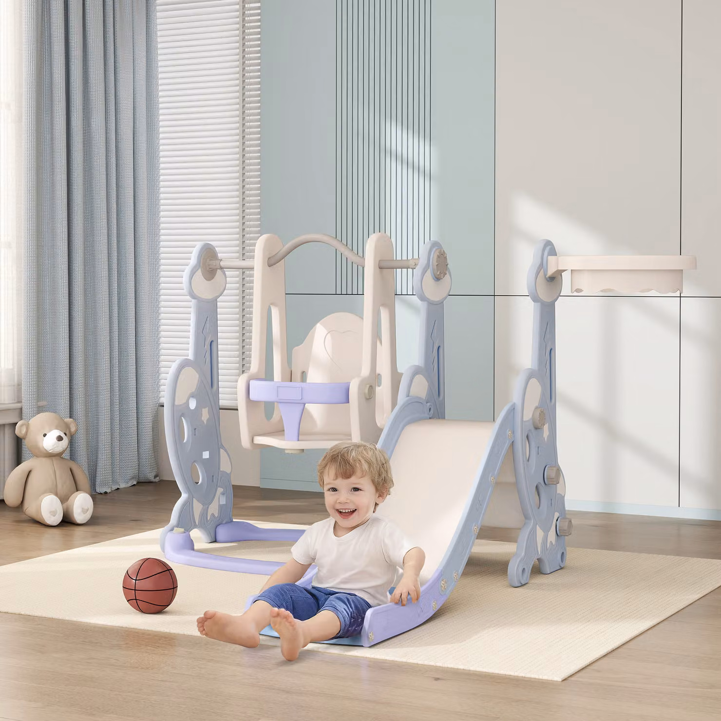 AIYAPLAY Gioco per Bambini 4 in 1 con Scivolo, Altalena, Arrampicata e Canestro, L/P/H: 160 x 147,5 x 107 cm, Azzurro Chiaro – 2