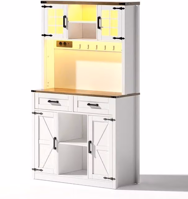 Mobile da Bar con Illuminazione LED, Ripiani Regolabili, 2 Cassetti e Design Rustico a Porta Fienile, Sideboard Bianco per Cucina e Caffetteria