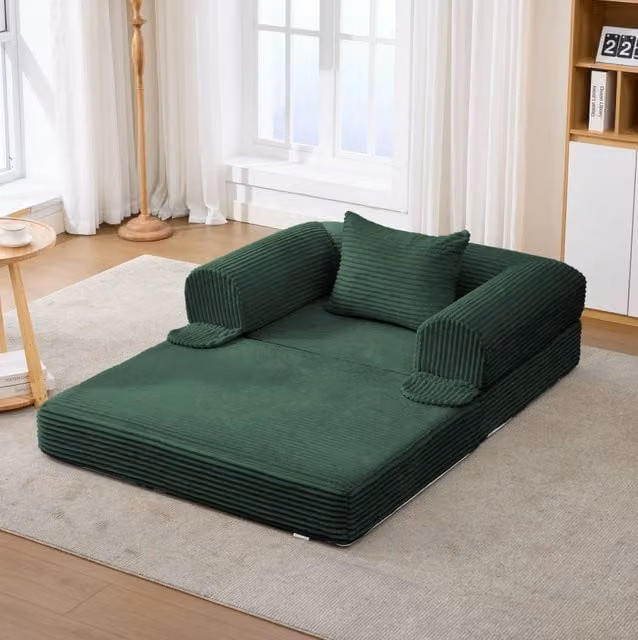 Poltrona letto singola verde in tessuto a coste; trasformabile 2 in 1
