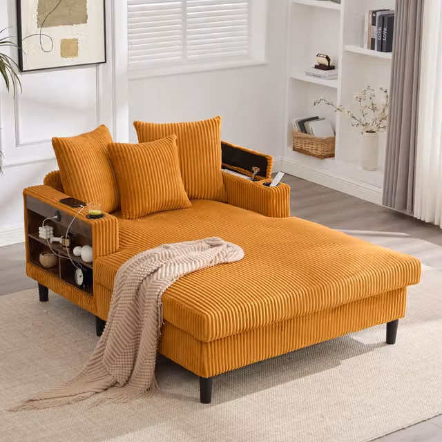 Divano Angolare Lounge con Chaise Longue ¨C MINIMAL ¨C Velluto a Coste, LED, USB, Contenitore