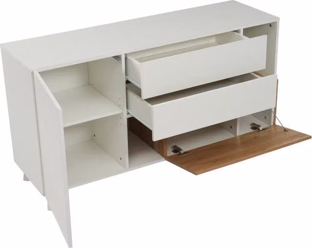 Credenza moderna per soggiorno e sala da pranzo con 1 anta, 2 cassetti e vani aperti, finitura rovere glossy bianco e beige, L/P/H: 130 x 40 x 70 cm