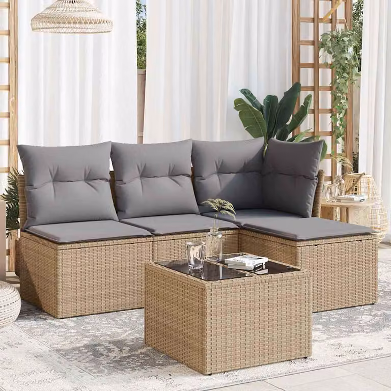 vidaXL Set Divano da Giardino 5 pz a L in Polyrattan con Cuscini Beige e Tavolino