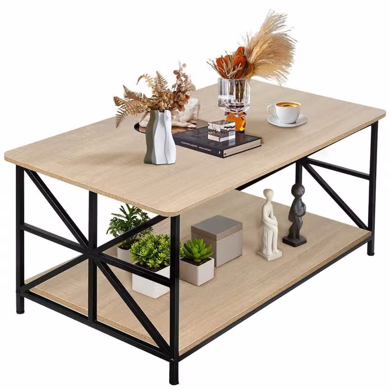 Tavolino da salotto - Tavolino rettangolare - Con ripiano inferiore - Piano in legno - Struttura in metallo - Stile moderno e minimalista - 100x52x47 cm - Modello 1