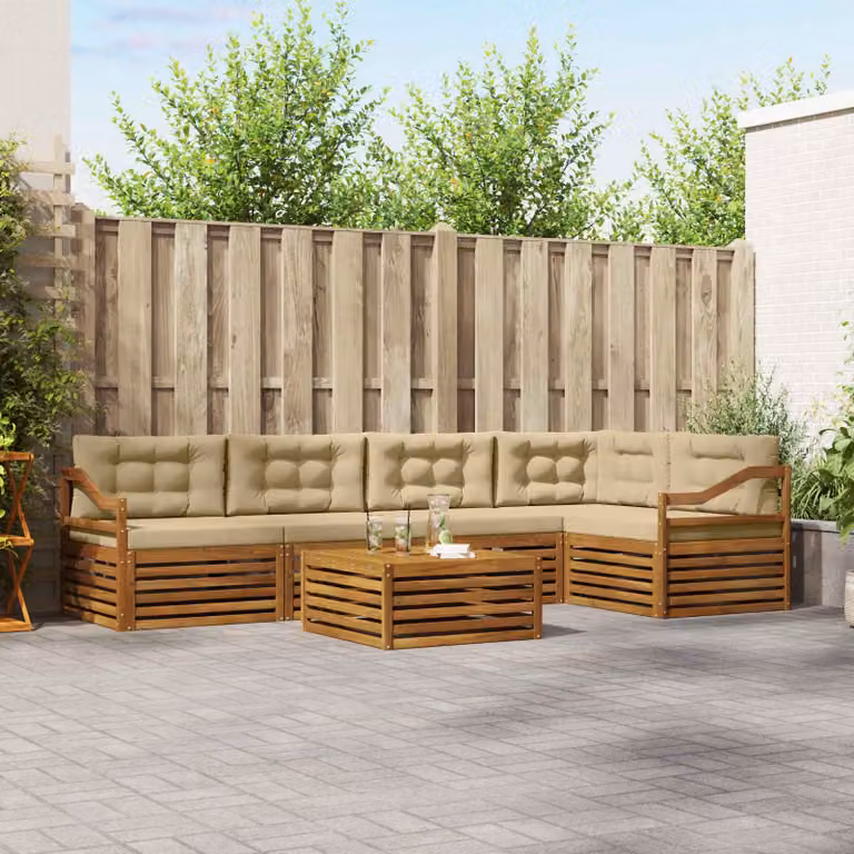 Set di divani da esterno vidaXL 6 pz in legno di acacia con tavolo da caffè e cuscini, forma a L, colore beige e marrone
