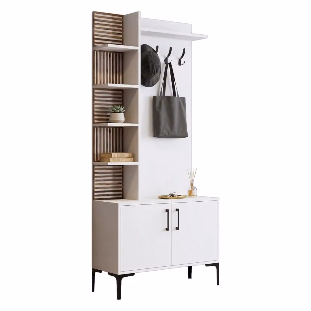 DMORA Mobile da Ingresso Caccamo con Appendiabiti e Ripiani, Bianco e Marrone, L: 90 cm, P: 35 cm, H: 200 cm – 2