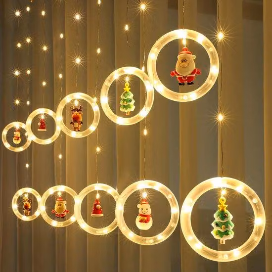 Luci a LED a tendina da 3 m, ricaricabili via USB, bianco caldo, con decorazioni ad anello 3D, per uso interno ed esterno, per casa, giardino e albero di Natale