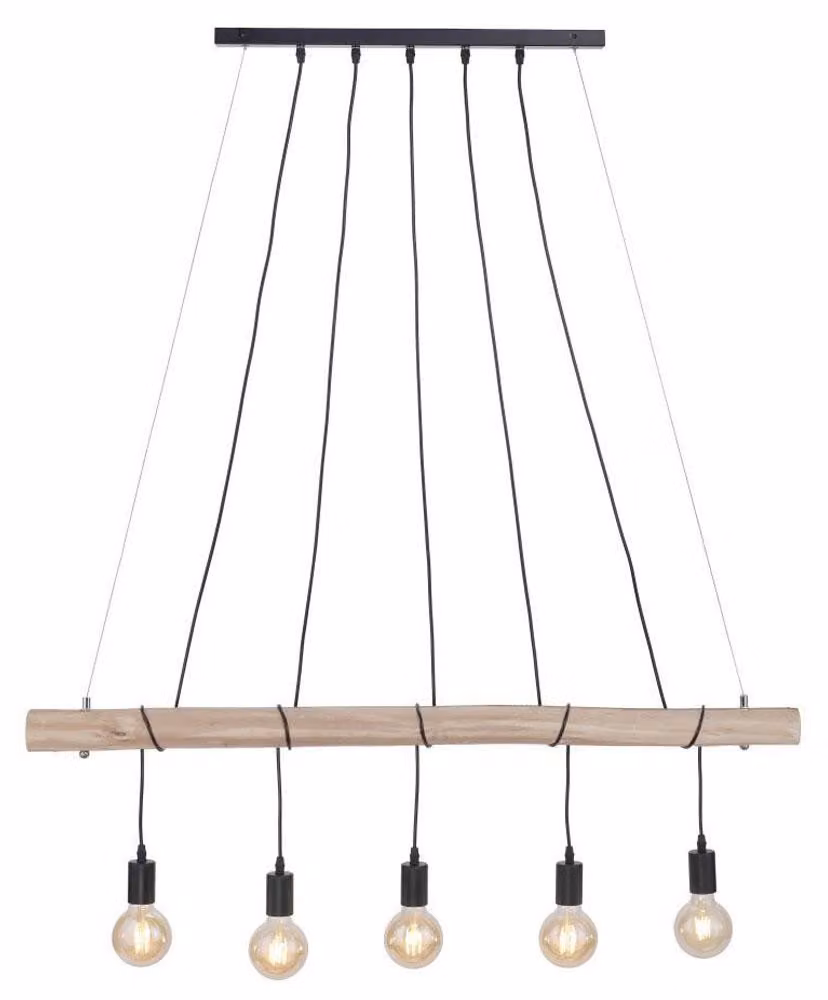 Lampada a sospensione, struttura in legno naturale, cavo nero, lunghezza 120 cm