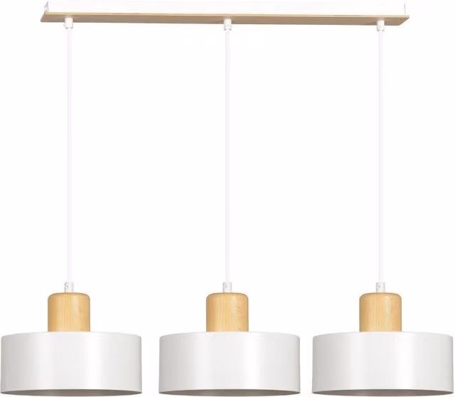 Lampadario a sospensione Emibig TORIN 3 in metallo e legno, bianco e legno chiaro, con altezza regolabile e dimmerabile, 3xE27