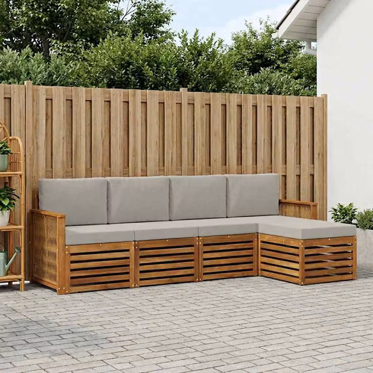 Set di divani da esterno vidaXL a forma di L in legno di acacia con cuscini, beige e grigio