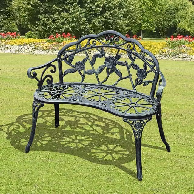 Panchina da giardino REDOM in alluminio verde con design floreale vintage e braccioli L: 240 cm, P: 54 cm, H: 78 cm