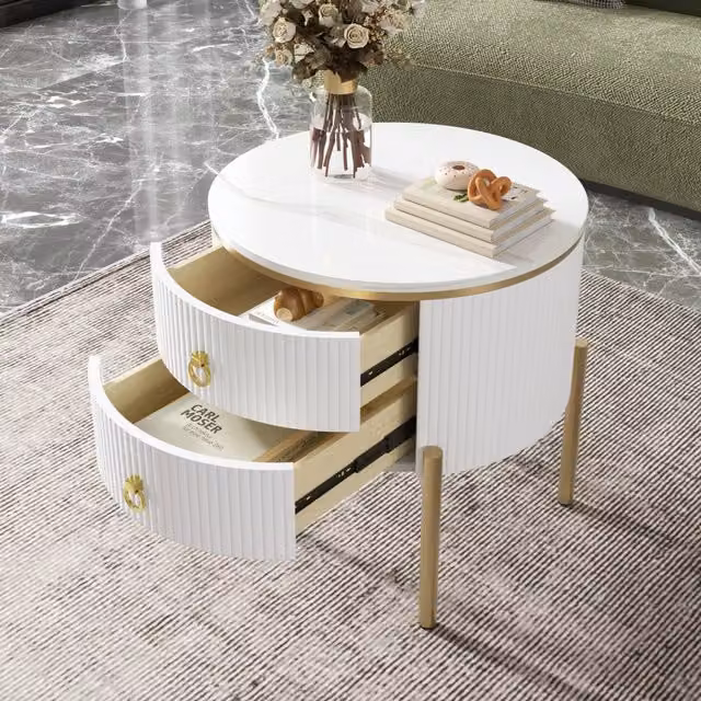 Tavolino da salotto con 2 cassetti e gambe regolabili, effetto marmo bianco e oro, MDF, per soggiorno, diametro 50 cm