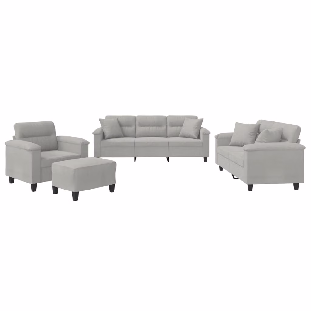 Set Divani 4 pz con Cuscini Grigio Chiaro in Tessuto Microfibra