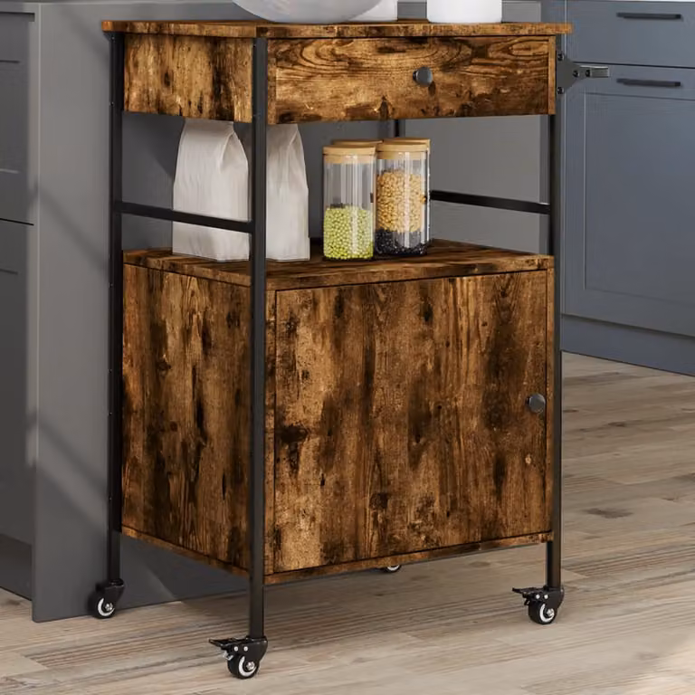 vidaXL Carrello da Cucina in Legno e Metallo Stile Industrial, Colore Rovere Fumo, L 56 cm x P 43 cm x H 89,5 cm