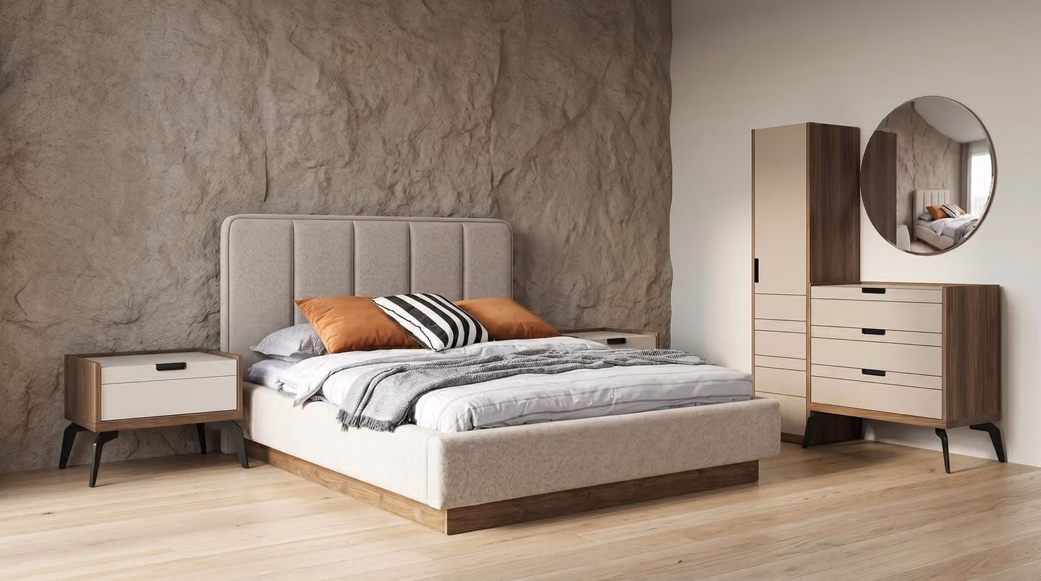 Set per camera da letto moderno: letto matrimoniale, due comodini, una cassettiera, uno specchio, stile lussuoso