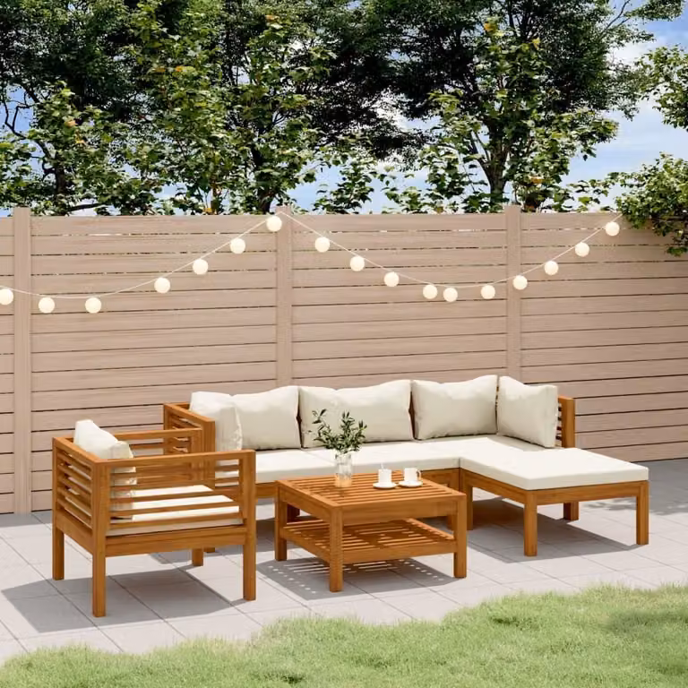 The Living Store Set di 6 pezzi per salotto da giardino con cuscini color crema Legno massiccio di acacia
