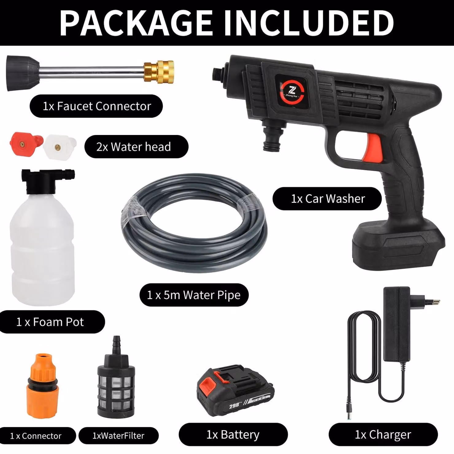 Idropulitrice senza fili ad alta pressione - Pistola per il lavaggio auto - 70 bar - 10000 mAh - 1 batteria - Con tubo dell'acqua - Generatore di schiuma