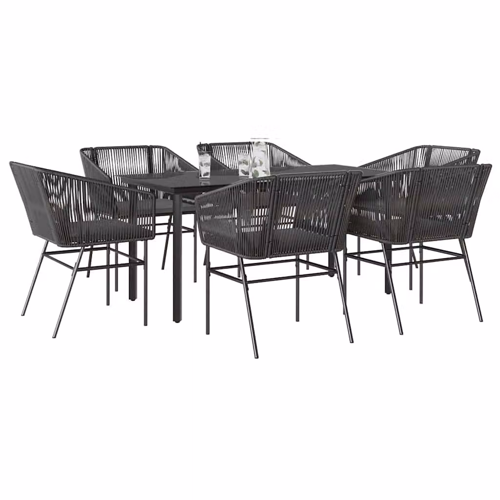 Set da pranzo da giardino vidaXL in polyrattan nero e grigio con tavolo in vetro e 7 pezzi