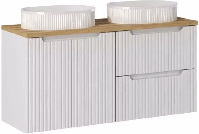 Set VANO bianco 120cm: mobile sottolavabo con cassetti e armadietti + piano per lavabo + due lavabi da appoggio scanalati