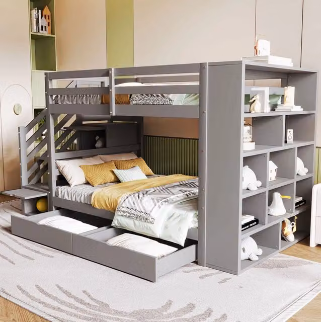Letto a castello 90x200 cm grigio in legno di pino con scale contenitore, senza materasso