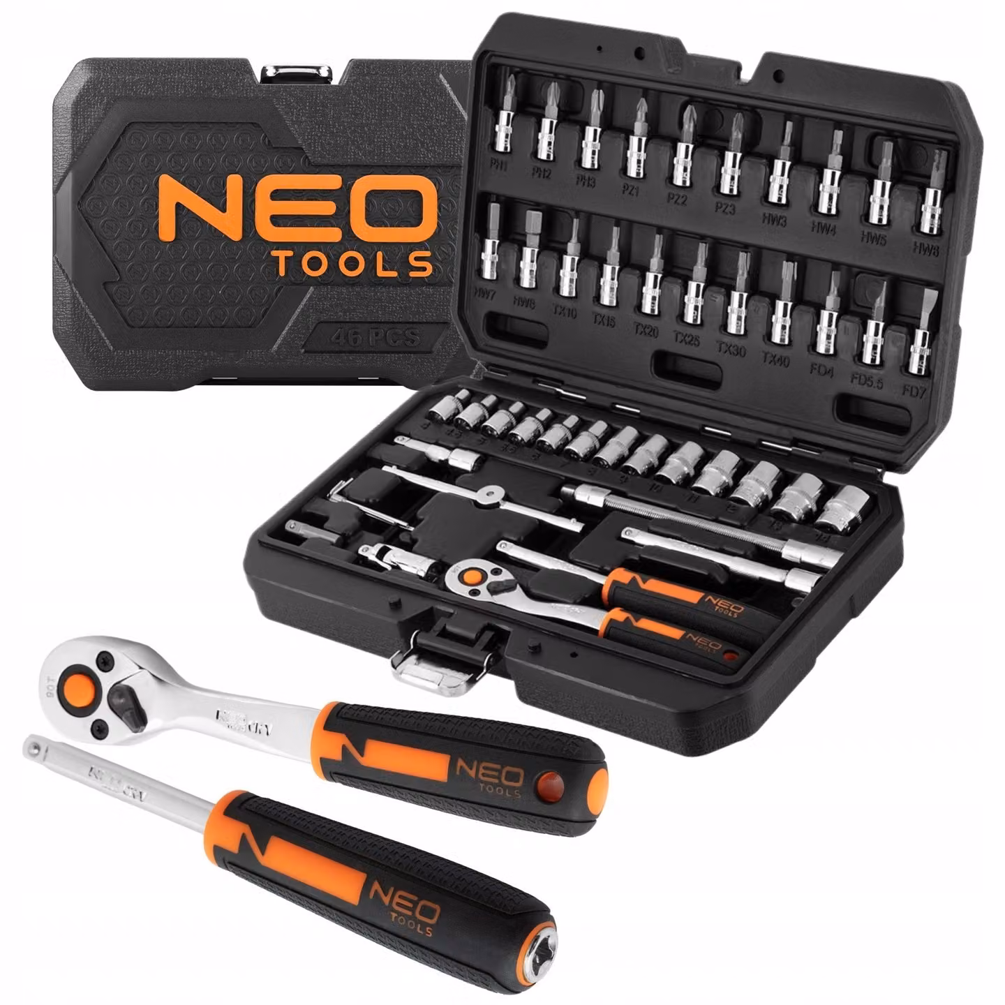 NEO TOOLS set di chiavi a bussola con cricchetti 46 pezzi in acciaio CrV da 1/4" - cricchetti con 90 denti - set di punte per riparazioni domestiche e fai da te