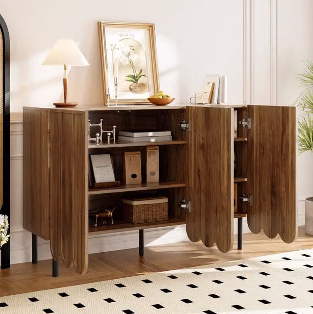 Credenza 120x35x80 cm color noce in MDF, ante ondulate e ripiani regolabili