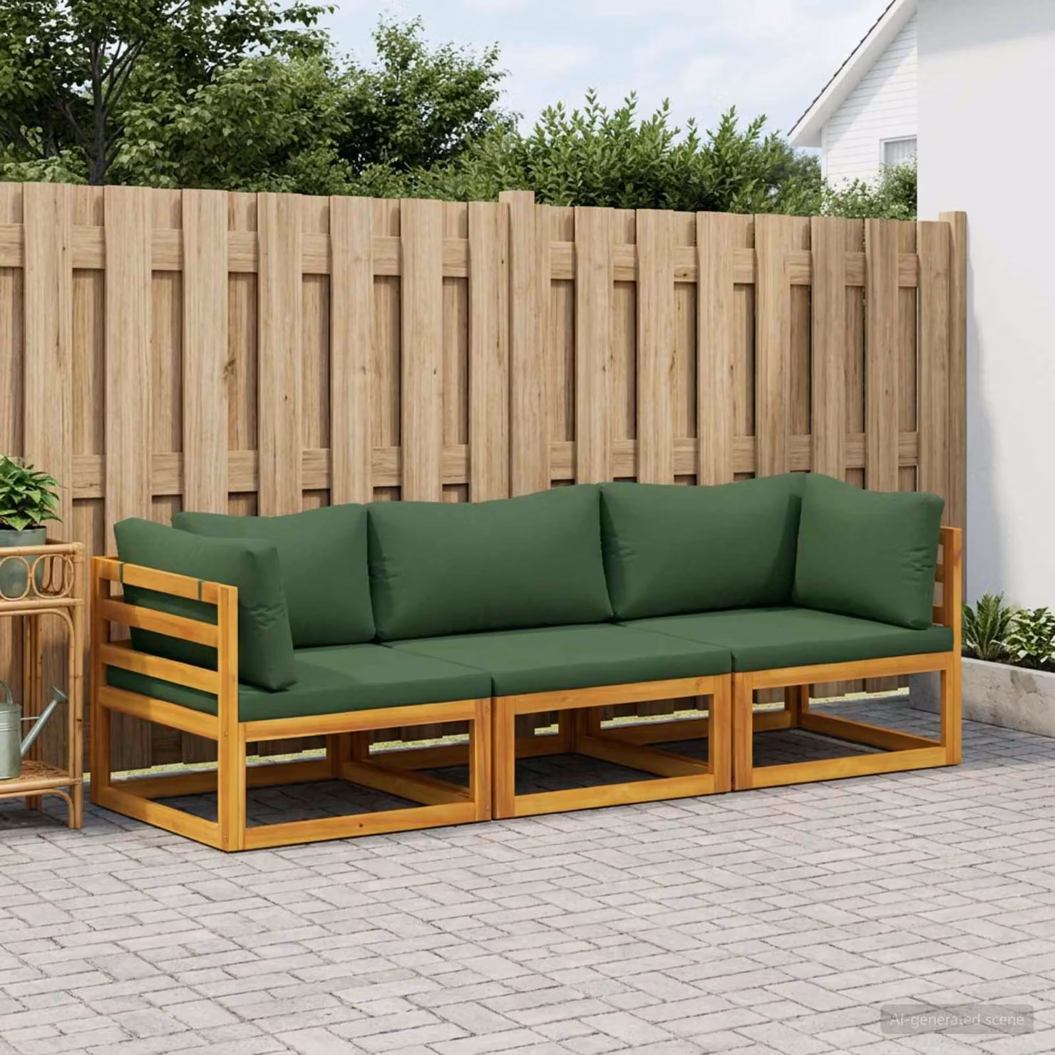 Set di divani da giardino vidaXL in legno di acacia massello con cuscini imbottiti, composizione ad angolo a L, colore marrone e verde