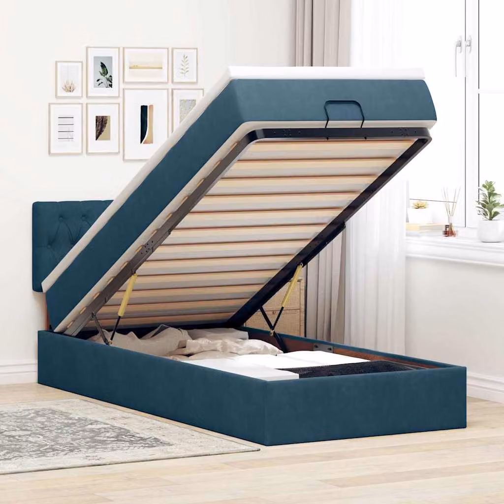 vidaXL Struttura Letto con Materasso e Pouf in Velluto con Base a Sollevamento, Luci Sotto il Letto e Porte USB, L/P/H: 203 x 140 x 100 cm, Blu e Bianco – 1