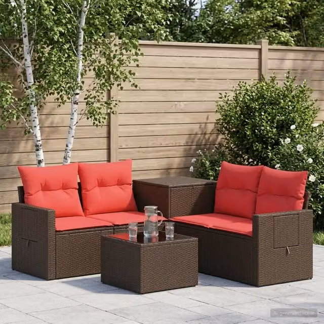 Set di divani 6 pz Marrone e Rosso Rattan sintetico e Acciaio 3447455