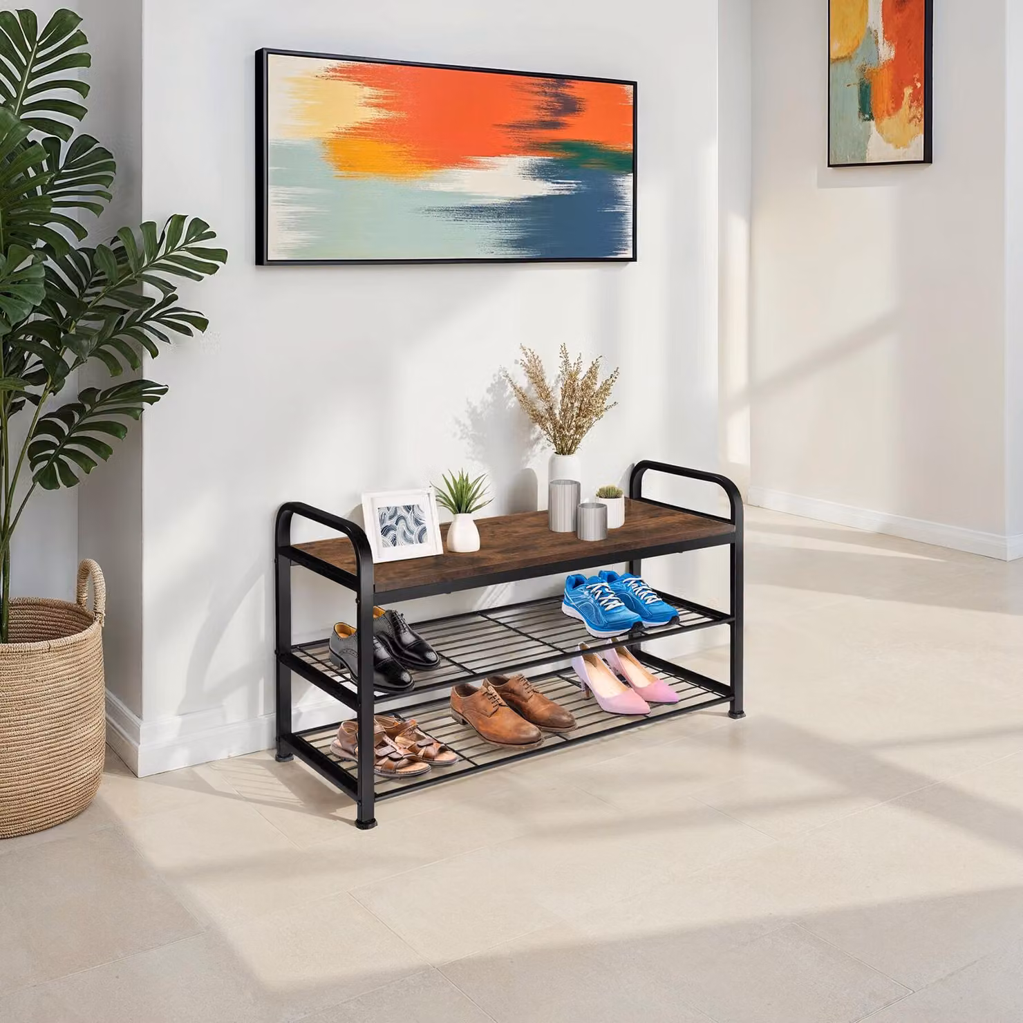 Scarpiera Tectake Southampton in stile industriale, colore marrone, L: 91 cm, P: 36 cm, H: 55 cm – 2