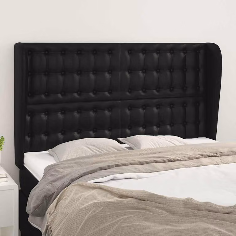Testiera ad orecchio vidaXL in similpelle nera con struttura in legno, L: 147 cm, P: 23 cm, H: 118/128 cm
