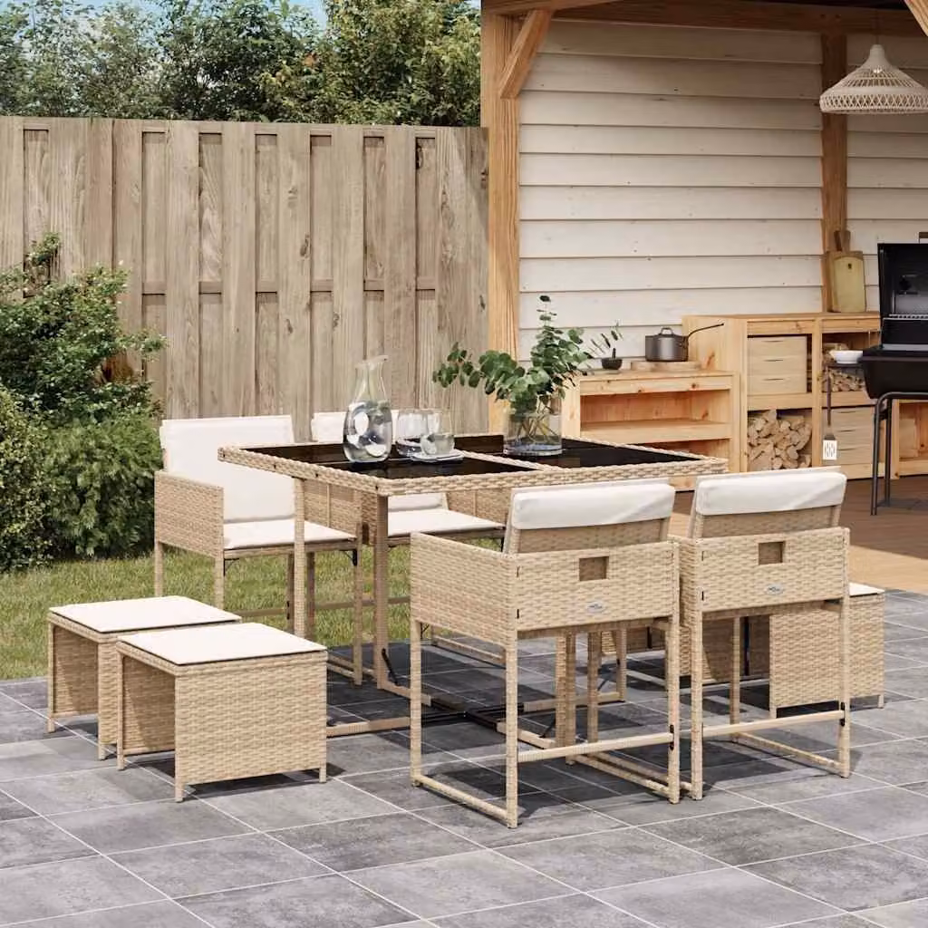 vidaXL Set da Pranzo da Giardino 9 pz in Polyrattan con Cuscini Beige e Piano in Vetro – 1
