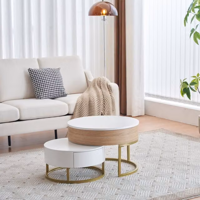 Set di Tavolini da Salotto Sovrapponibili Regolabili in Altezza con Due Cassetti GL Store, Design Moderno in MDF Bianco e Oro, L/P/H: 70 x 70 x 42/56,5 cm e 60 x 60 x 24 cm – 1