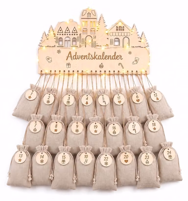 Calendario dell'Avvento da riempire, in legno, con luci LED, e 24 sacchetti di iuta