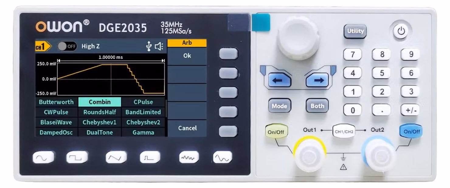 Generatore di segnali arbitrari, 2 canali, 35 MHz, 125 MSa/s, 14 bit, display LCD