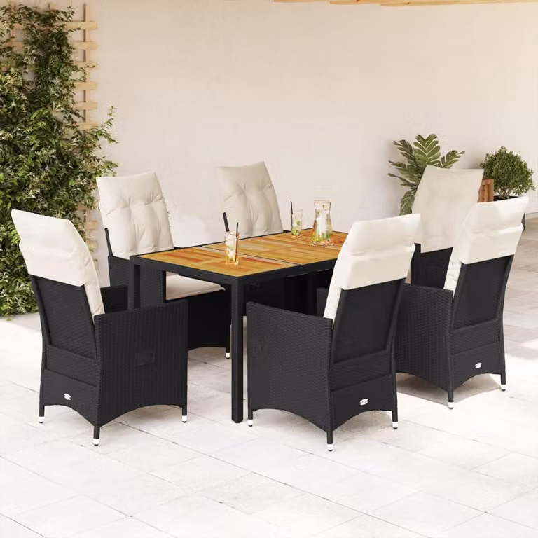 vidaXL Set da Pranzo da Giardino 7 pz in Polyrattan e Legno di Acacia con Cuscini Nero