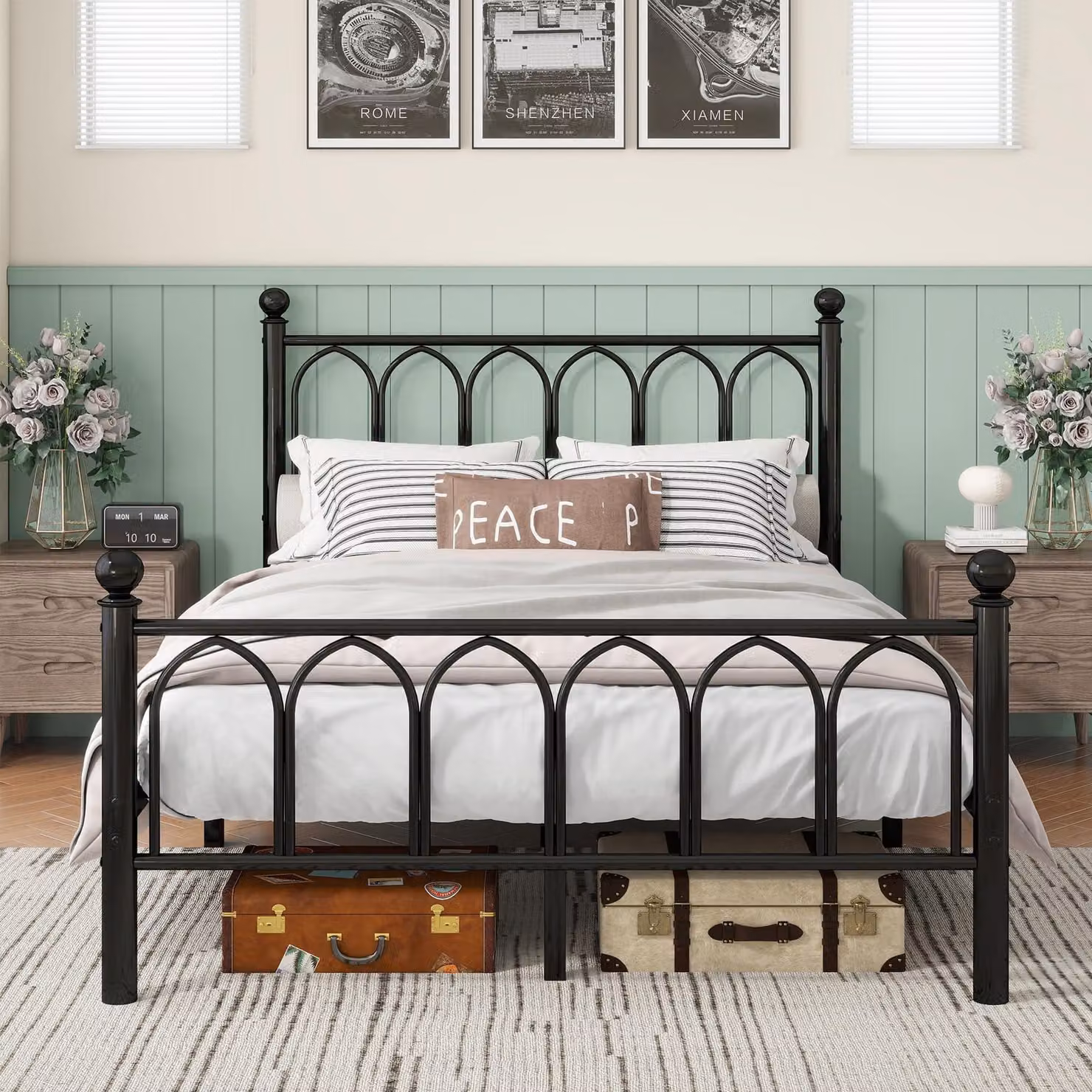 Struttura letto in metallo, 140x190 cm, con rete a doghe, colore nero