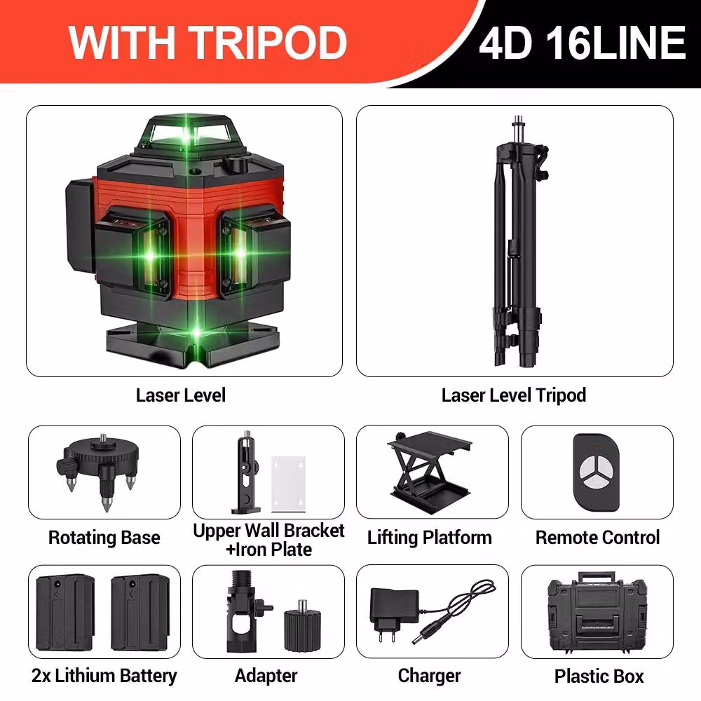 Livella laser a 4D - 16 linee - Raggio laser verde - Autolivellamento - 360° orizzontale e verticale - Treppiede da 1,2 metri - Custodia in plastica