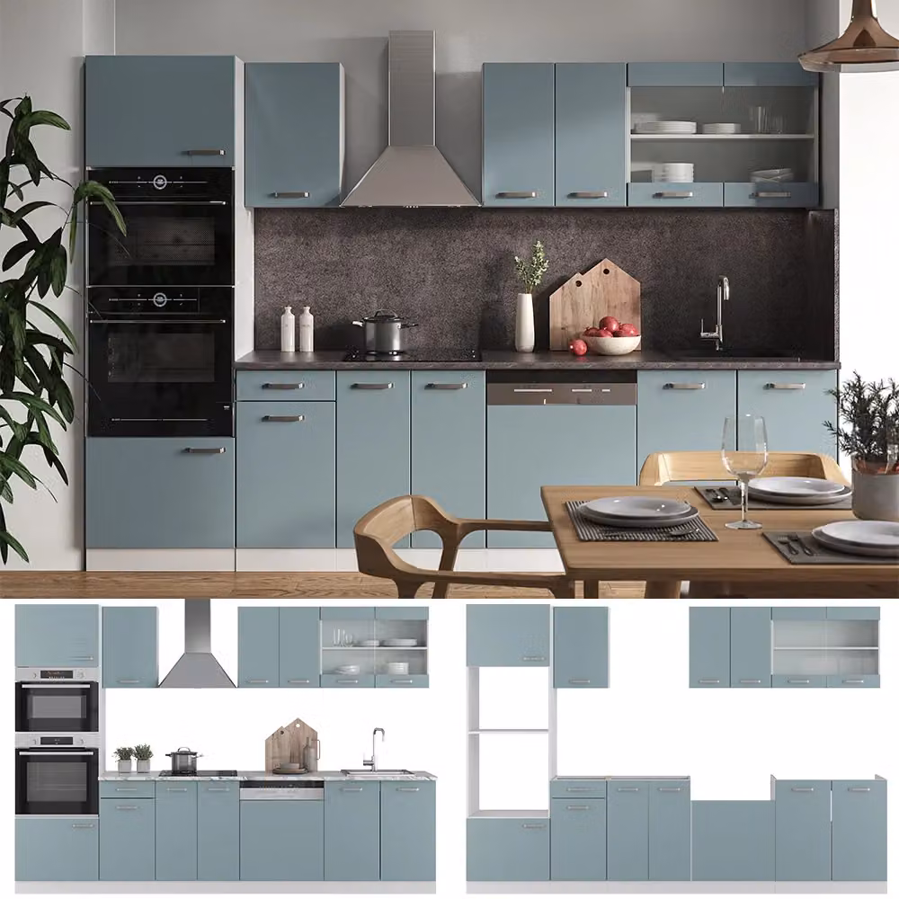 Cucina componibile moderna Vicco R-Line Grigio-blu e Bianco con armadio alto e piano in effetto marmo, L: 300 cm – 2