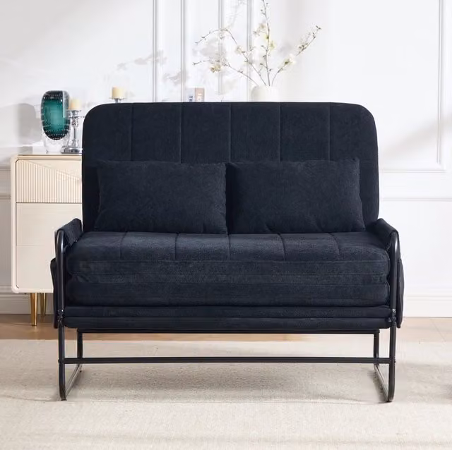 Divano letto 2 posti trasformabile 104x200 cm in ciniglia nera con tasche laterali HOMVRA