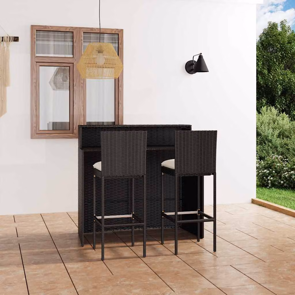 Set Bar da Giardino vidaXL in Polyrattan Nero con 3 Pezzi e Cuscini – 1