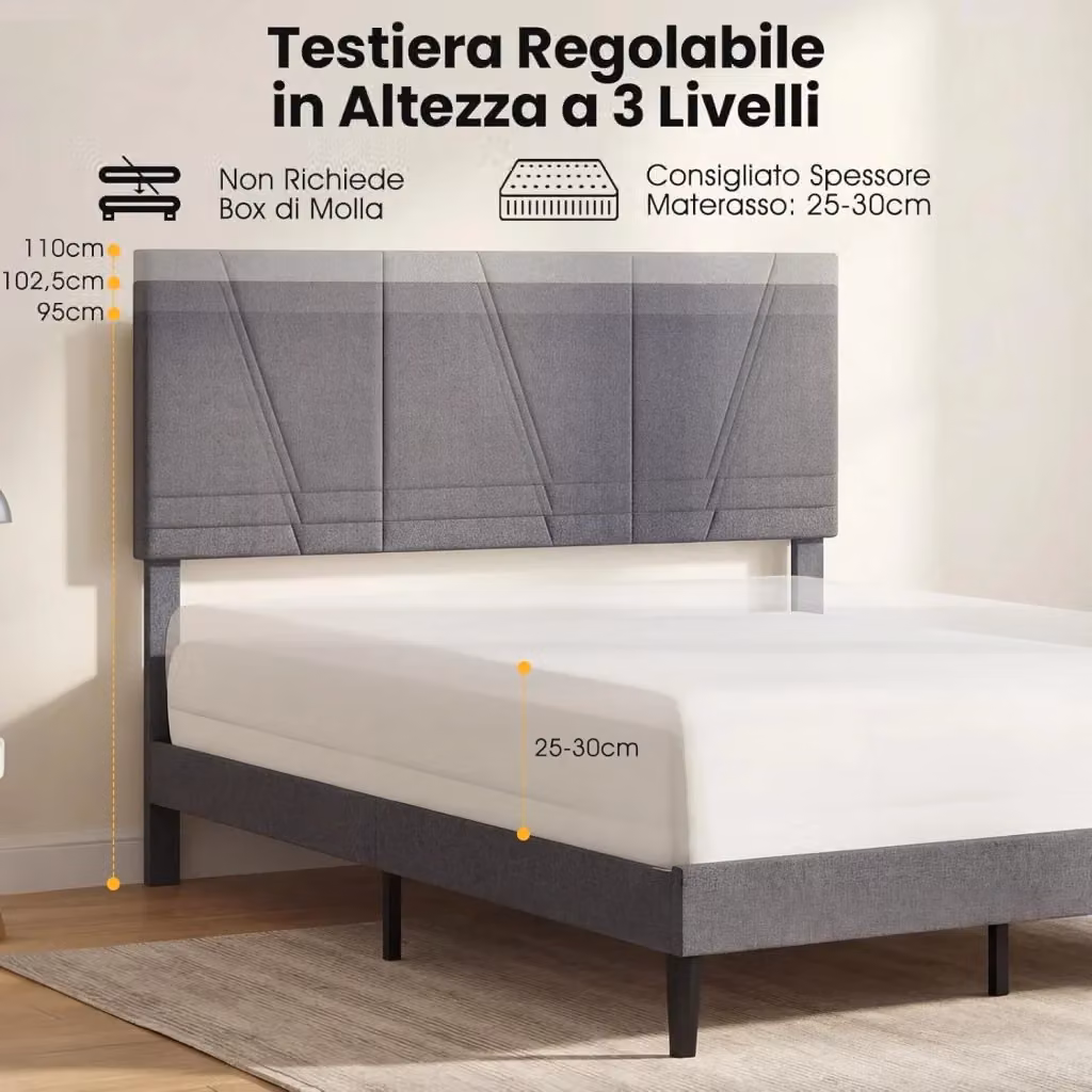 Letto Matrimoniale Piattaforma Costway Rivestito in Lino Grigio con Testiera Regolabile e Doghe in Legno L/P: 160 x 200 cm – 2