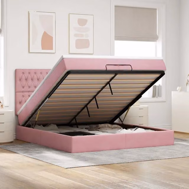 Letto con contenitore a sollevamento vidaXL in velluto rosa e bianco L 200 x P 200 x H 280 cm – 1
