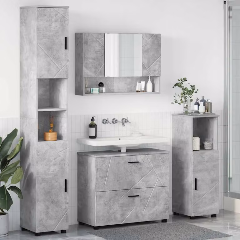 Set di mobili per il bagno vidaXL 4 pezzi in legno e metallo grigio e nero L/P/H: 35 x 30 x 192 cm